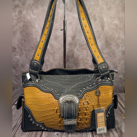 P&G Handbags - P&G Crocco Embossed Studded Southwestern Hobo Bag With Rhinestones